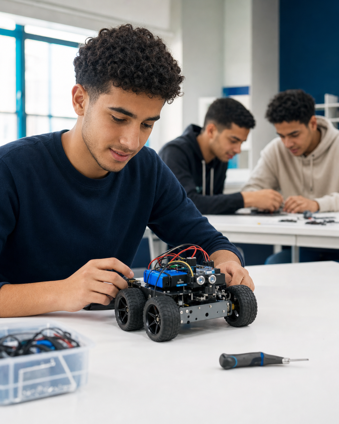 Étudiant construisant un robot éducatif